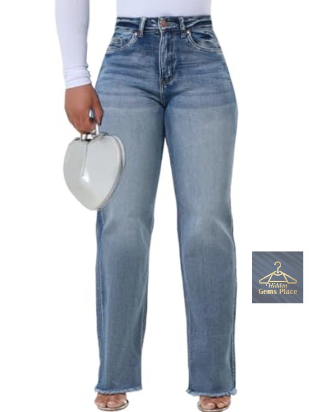 High Waist Wide Leg Distressed Raw Hem Destroyed Stretch Jeans